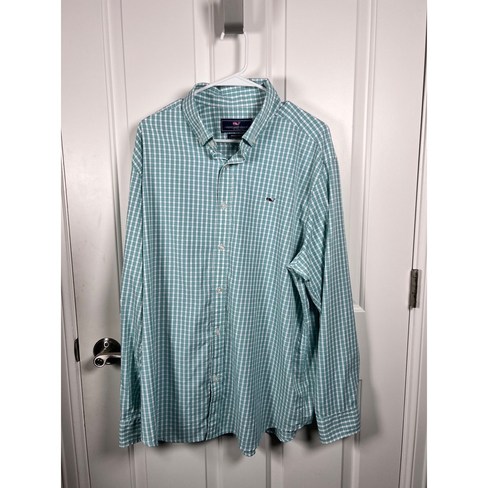 Vineyard Vines Mens XL Whale Shirt Gingham Plaid Performance Button Down Green